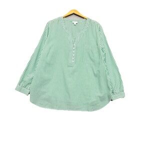 J. Jill Top 3X Green White Striped Tunic Popover Career Beachy 3/4 Button Pocket